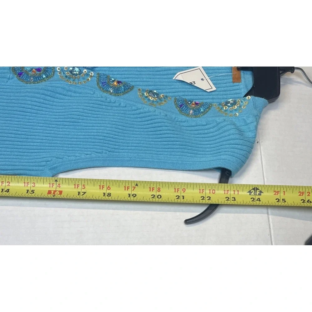 Belldini® Blue Rib Knit Stretch Sleeveless Top W/ Colorful Rhinestones Size XL‎